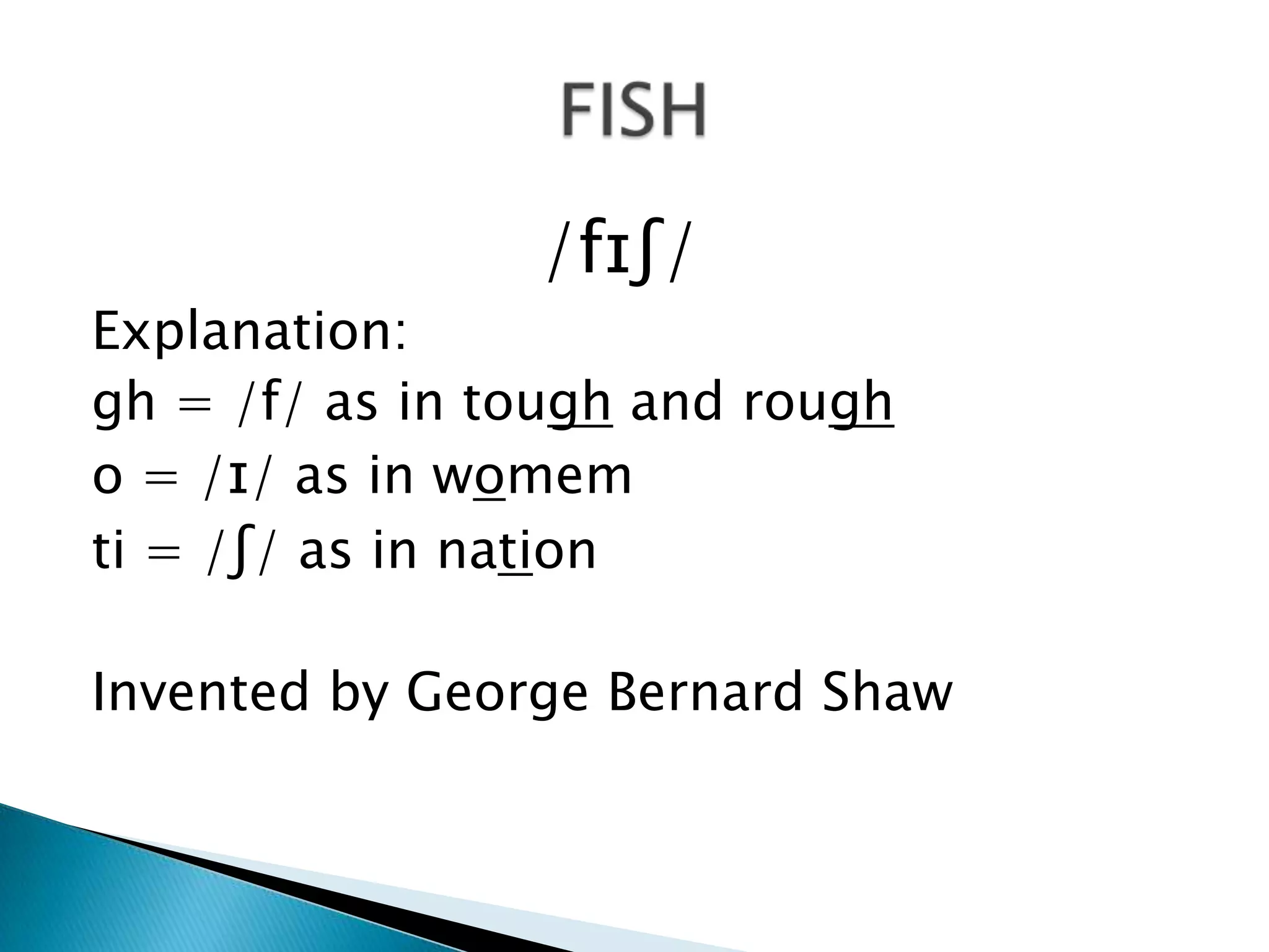 /fɪʃ/
Explanation:
gh = /f/ as in tough and rough
o = /ɪ/ as in womem
ti = /ʃ/ as in nation

Invented by George Bernard Shaw
 