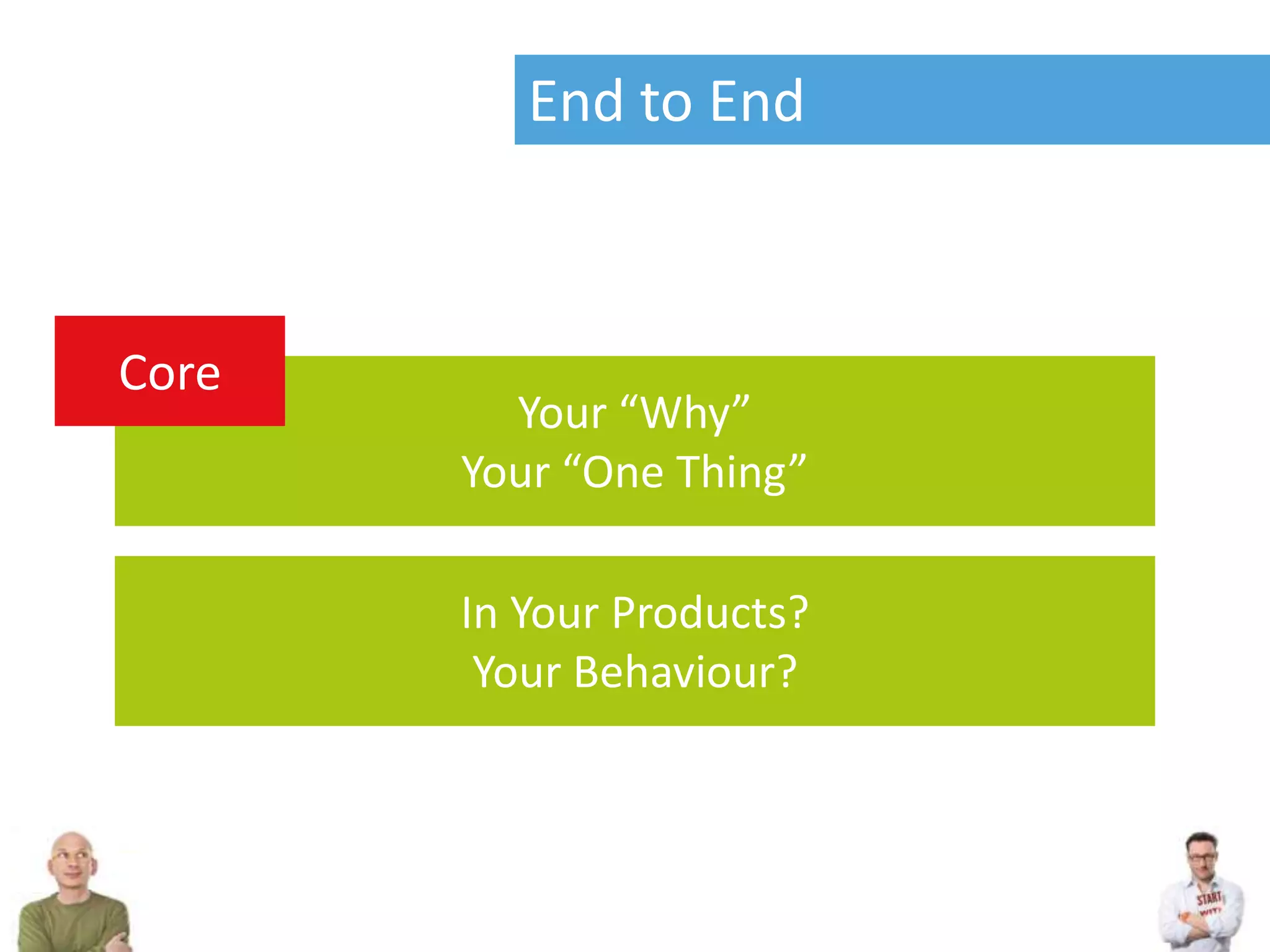 End to End



Core
         Your “Why”
       Your “One Thing”

       In Your Products?
        Your Behaviour?
 