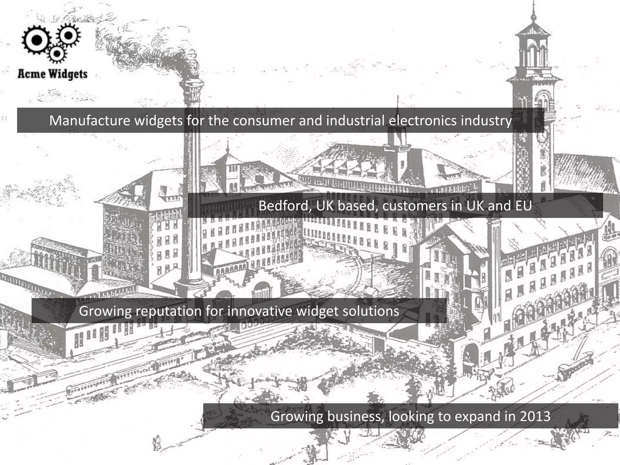 Manufacture widgets for the consumer and industrial electronics industry




                                Bedford, UK based, customers in UK and EU




    Growing reputation for innovative widget solutions




                                  Growing business, looking to expand in 2013
 