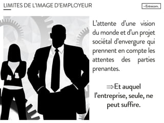 LIMITES DE L’IMAGE D’EMPLOYEUR
L’attente d’une
vision du monde et
d’un projet sociétal
d’envergure qui
prennent en compte
les attentes des
parties prenantes.
Et auquel
l’entreprise, seule,
ne peut suffire.
 