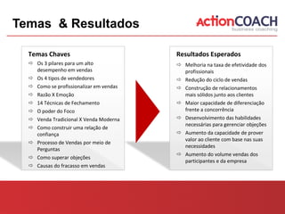 Temas & Resultados

  Temas Chaves                           Resultados Esperados
   Os 3 pilares para um alto             Melhoria na taxa de efetividade dos
    desempenho em vendas                   profissionais
   Os 4 tipos de vendedores              Redução do ciclo de vendas
   Como se profissionalizar em vendas    Construção de relacionamentos
   Razão X Emoção                         mais sólidos junto aos clientes
   14 Técnicas de Fechamento             Maior capacidade de diferenciação
   O poder do Foco                        frente a concorrência
   Venda Tradicional X Venda Moderna     Desenvolvimento das habilidades
                                           necessárias para gerenciar objeções
   Como construir uma relação de
    confiança                             Aumento da capacidade de prover
                                           valor ao cliente com base nas suas
   Processo de Vendas por meio de
                                           necessidades
    Perguntas
                                          Aumento do volume vendas dos
   Como superar objeções
                                           participantes e da empresa
   Causas do fracasso em vendas
 