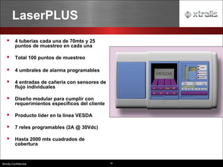36
Strictly Confidential
LaserPLUS
▪ 4 tuberias cada una de 70mts y 25
puntos de muestreo en cada una
▪ Total 100 puntos de muestreo
▪ 4 umbrales de alarma programables
▪ 4 entradas de cañería con sensores de
flujo individuales
▪ Diseño modular para cumplir con
requerimientos específicos del cliente
▪ Producto líder en la línea VESDA
▪ 7 reles programables (2A @ 30Vdc)
▪ Hasta 2000 mts cuadrados de
cobertura
 