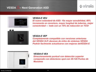 44
Strictly Confidential
VESDA – Next Generation ASD
VESDA-E VEP
Completamente compatible con versiones anteriores
del VESDA VLP, decenas de miles de sistemas VESDA
Podrán facilmente actualizarse con mejoras deVESDA-E
VESDA-E VEA
Direccionamiento puntual con detección superior
comparado con detectores spot con 40-120 Puntos de
Muestreo
VESDA-E VEU
El nuevo estandard de ASD: 15x mayor sensibilidad, 80%
incremento en covertura, mayor longitud de tuberías, mejor
conectividad — todo con un 15% de reducción en TCO!
 