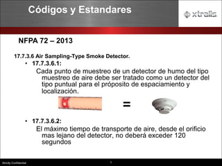 5
Strictly Confidential
17.7.3.6 Air Sampling-Type Smoke Detector.
• 17.7.3.6.1:
Cada punto de muestreo de un detector de humo del tipo
muestreo de aire debe ser tratado como un detector del
tipo puntual para el próposito de espaciamiento y
localización.
• 17.7.3.6.2:
El máximo tiempo de transporte de aire, desde el orificio
mas lejano del detector, no deberá exceder 120
segundos
NFPA 72 – 2013
=
Códigos y Estandares
 
