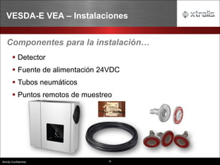 56
Strictly Confidential
VESDA-E VEA – Instalaciones
56
Componentes para la instalación…
▪ Detector
▪ Fuente de alimentación 24VDC
▪ Tubos neumáticos
▪ Puntos remotos de muestreo
 