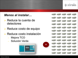 8
Strictly Confidential
Menos al instalar…
➢ Reduce la cuenta de
detectores
➢ Reduce costo de equipo
➢ Reduce costo instalación
- Mejora TCO
- Solución Verde
 