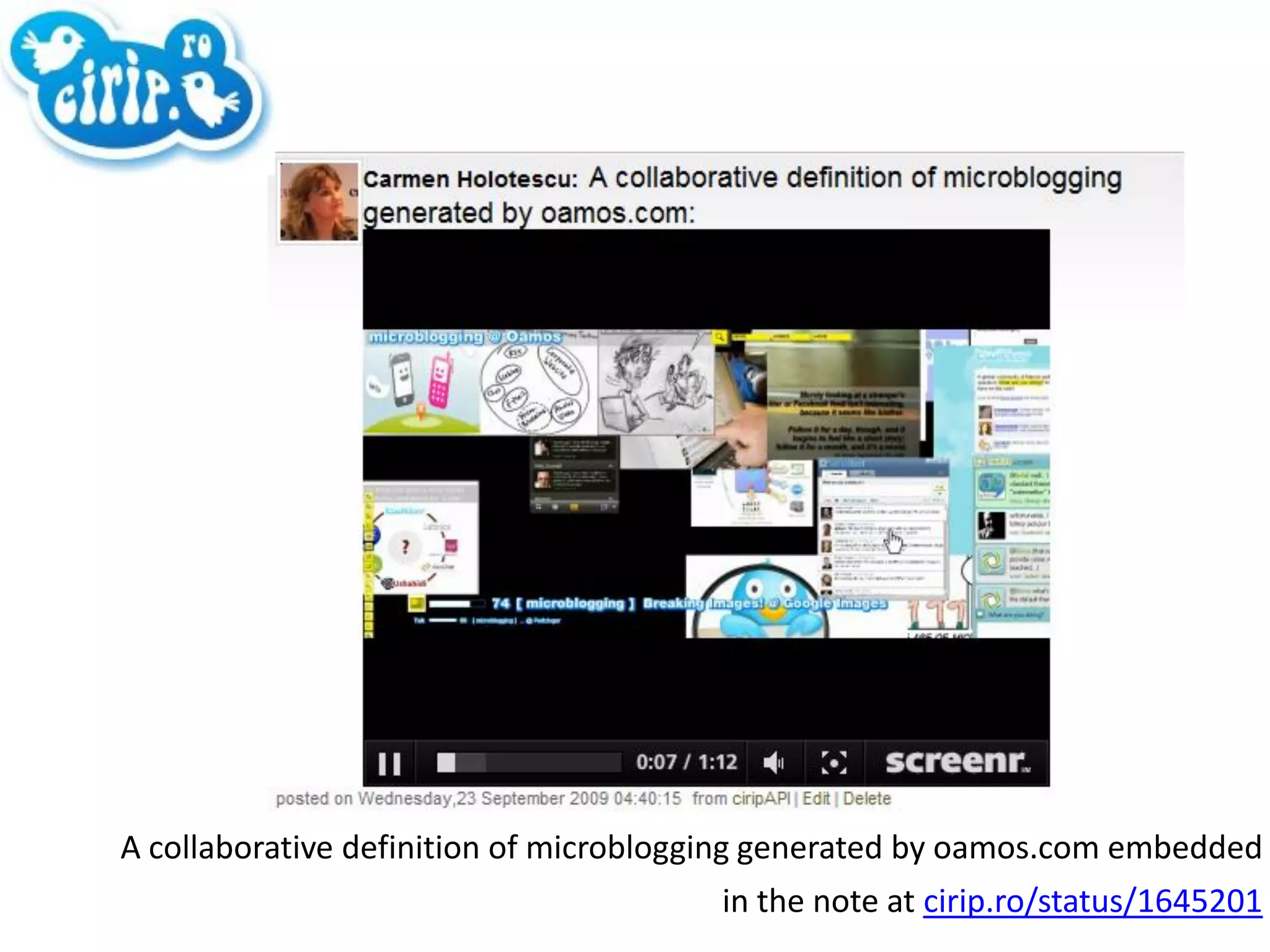 A collaborative definition of microblogging generated by oamos.com embedded  in the note at  cirip.ro/status/1645201 