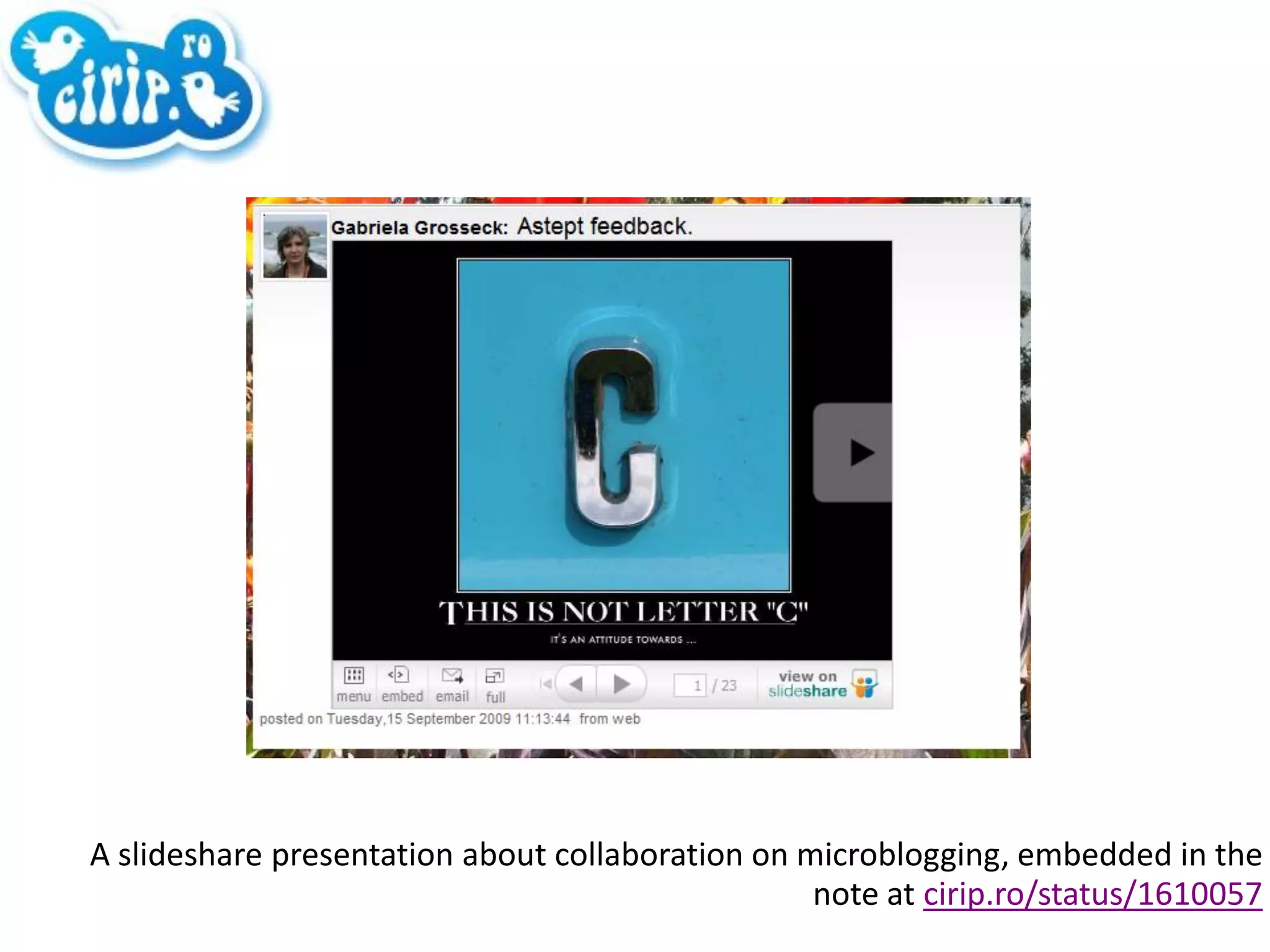 A slideshare presentation about collaboration on microblogging, embedded in the note at  cirip.ro/status/1610057 