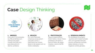 Case Design Thinking
11
1. IMERSÃO
Cerca de 2 mil toneladas
(ou R$ 30 bilhões) em
cédulas de papel
moeda vão todo ano
para descarte em
aterros sanitários.
2. IDEAÇÃO
Em uma chamada
empresas propuserem
soluções como a
fabricação de móveis,
tijolos e até adubo com os
restos coletados.
3. PROTOTIPAÇÃO
Alguns experimentos
foram feitos e foram feitos
protótipos de tijolos e
bancos feitos de papel-
moeda: o banco de R$
1.000.000.
4. DESENVOLVIMENTO
Os resultados do projeto
quando 100% implementado
será uma grande redução
passivo ambiental causado
pelas cédulas e novos
negócios sendo gerados.
 