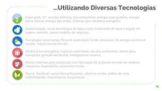 15
Dessalinização, novas tecnologias de baixo custo, tratamento de água e esgoto em
lugares remotos, novos modelos de negócios,...
Tecnologias para manejo florestal sustentável, fontes renováveis de energia, economia
circular, reduzir/reusar/reciclar, ...
Etanol, biodiesel, outros biocombustíveis, plásticos verdes, pellets de cana,
biofertilizantes, biopolímeros, bioquímicos, ...
Eficiência em energética, logística sustentável, veículos autônomos, drones para
transporte, geração distribuída, biodigestores caseiros, ...
Novos materiais para construção civil, fabricação de produtos oriundo de resíduos
industriais, bioprodutos, economia circular, ...
Smart grids, IoT, veículos elétricos, biocombustíveis, energia solar/grafeno, energia
eólica vertical, energia das ondas, sistemas para eficiência energética
...Utilizando Diversas Tecnologias
 
