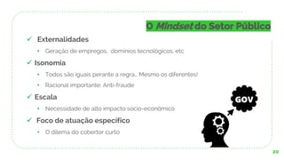 20
O Mindset do Setor Público
✓ Externalidades
• Geração de empregos, domínios tecnológicos, etc
✓ Isonomia
• Todos são iguais perante a regra… Mesmo os diferentes!
• Racional importante: Anti-fraude
✓ Escala
• Necessidade de alto impacto sócio-econômico
✓ Foco de atuação específico
• O dilema do cobertor curto
GOV
 