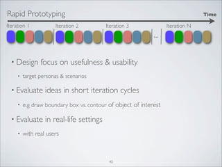 Rapid Prototyping                                                                Time

Iteration 1           Iteration 2         Iteration 3              Iteration N
                                                             ...

  • Design      focus on usefulness & usability
     •   target personas & scenarios

  • Evaluate      ideas in short iteration cycles
     •   e.g draw boundary box vs. contour of object of interest

  • Evaluate      in real-life settings
     •   with real users



                                           40
 