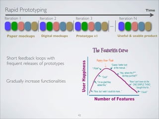 Rapid Prototyping                                                           Time

Iteration 1         Iteration 2        Iteration 3           Iteration N
                                                      ...
 Paper mockups       Digital mockups   Prototype v1         Useful & usable product




 Short feedback loops with
 frequent releases of prototypes


 Gradually increase functionalities




                                        42
 