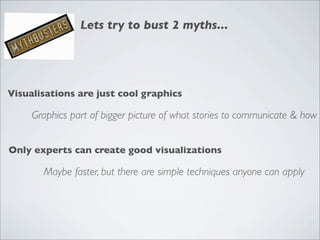 Lets try to bust 2 myths...




Visualisations are just cool graphics

     Graphics part of bigger picture of what stories to communicate & how


Only experts can create good visualizations

       Maybe faster, but there are simple techniques anyone can apply
 