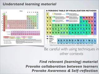Understand learning material




                        http://www.visual-literacy.org/periodic_table/ periodic_table.html
                                                                     rable




                     Be careful with using techniques in
                               other contexts
                  Find relevant (learning) material
           Provoke collaboration between learners
              Provoke Awareness & Self-reﬂection
 