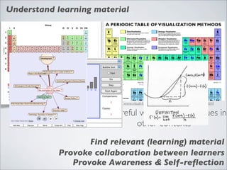 Understand learning material




                        http://www.visual-literacy.org/periodic_table/ periodic_table.html
                                                                     rable




                     Be careful with using techniques in
                               other contexts
                  Find relevant (learning) material
           Provoke collaboration between learners
              Provoke Awareness & Self-reﬂection
 