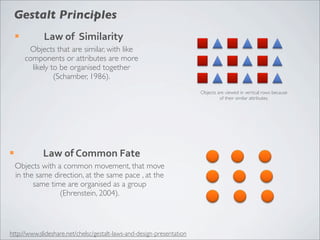 Gestalt Principles
     ¡         Law	
  of	
  	
  Similarity
           Objects that are similar, with like
          components or attributes are more
            likely to be organised together
                    (Schamber, 1986).
                                                                        Objects are viewed in vertical rows because
                                                                                 of their similar attributes.




¡             Law	
  of	
  Common	
  Fate
     Objects with a common movement, that move
     in the same direction, at the same pace , at the
           same time are organised as a group
                   (Ehrenstein, 2004).



http://www.slideshare.net/chelsc/gestalt-laws-and-design-presentation
 