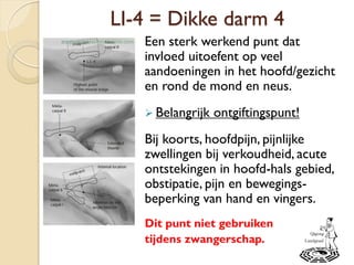 LI-4 = Dikke darm 4
Een sterk werkend punt dat
invloed uitoefent op veel
aandoeningen in het hoofd/gezicht
en rond de mond en neus.
 Belangrijk ontgiftingspunt!
Bij koorts, hoofdpijn, pijnlijke
zwellingen bij verkoudheid, acute
ontstekingen in hoofd-hals gebied,
obstipatie, pijn en bewegings-
beperking van hand en vingers.
Dit punt niet gebruiken
tijdens zwangerschap.
 