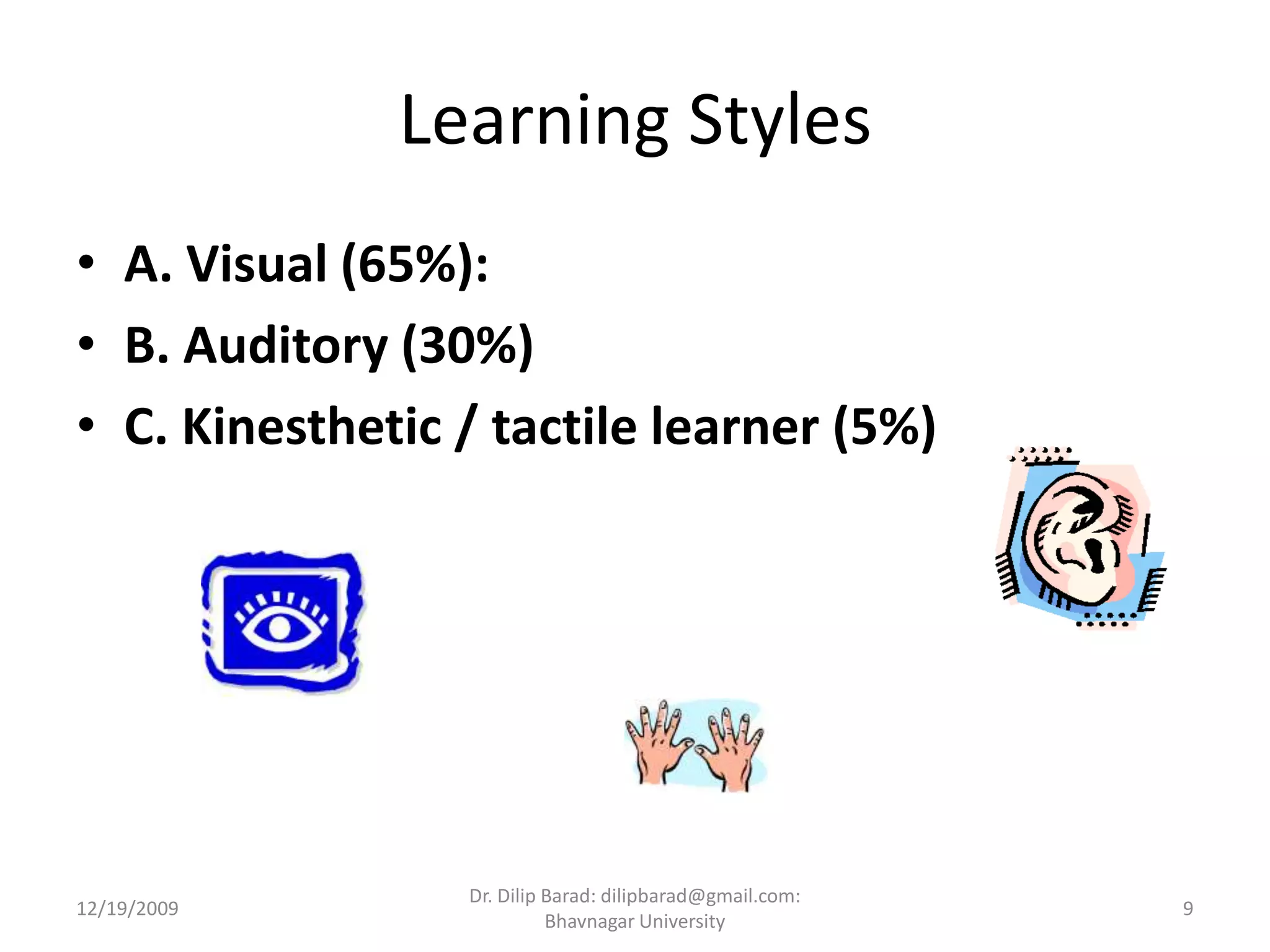 Learning StylesA. Visual (65%):B. Auditory (30%)C. Kinesthetic / tactile learner (5%) 12/19/20099Dr. Dilip Barad: dilipbarad@gmail.com: Bhavnagar University