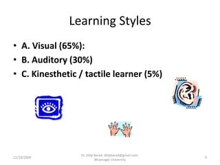Learning StylesA. Visual (65%):B. Auditory (30%)C. Kinesthetic / tactile learner (5%) 12/19/20099Dr. Dilip Barad: dilipbarad@gmail.com: Bhavnagar University