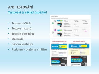 • Textace tlačítek
• Textace nadpisů
• Textace předmětů
• Odesílatel
• Barvy a kontrasty
• Rozložení - uvažujte v mřížce
A/B TESTOVÁNÍ
Testování je základ úspěchu!
 