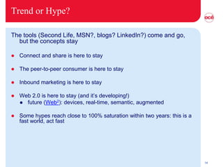Trend or Hype?

The tools (Second Life, MSN?, blogs? LinkedIn?) come and go,
  but the concepts stay

   Connect and share is here to stay

   The peer-to-peer consumer is here to stay

   Inbound marketing is here to stay

   Web 2.0 is here to stay (and it’s developing!)
     future (Web2): devices, real-time, semantic, augmented


   Some hypes reach close to 100% saturation within two years: this is a
    fast world, act fast




                                                                            14
 