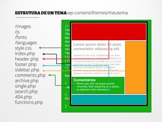/*
Theme Name: Haste Design
Theme URI: http://www.hastedesign.com.br/
Description: Our custom theme.
Author: Haste Design
Author URI: http://www.hastedesign.com.br/
Version: 2.2.0
Tags: gray, theme-options, translation-ready
License: GNU General Public License v2
License URI: http://www.gnu.org/
Text Domain: haste
*/
body {
background: #00ff00;
}
.my-class {
padding: 20px;
}
#content {
color: #fff;
}
wp-content/themes/meutema
/images
/js
/fonts
/languages
style.css
index.php
header.php
footer.php
sidebar.php
comments.php
archive.php
single.php
search.php
404.php
functions.php
Lorem ipsum dolor sit amet,
consectetur adipiscing elit.
Aenean et nisl urna. Suspendisse mi dolor,
viverra eu sapien id, imperdiet vehicula arcu.
Aenean fermentum convallis orci, ac auctor
erat rhoncus vel. Proin non odio vitae diam
vehicula consequat blandit vitae ligula.
Aenean congue pharetra tortor ut blandit.
Aenean bibendum ante in hendrerit varius.
Comentários
• Donec quis odio vel augue gravida
venenatis. Nam adipiscing arcu sapien,
eu dignissim tortor elementum .
 