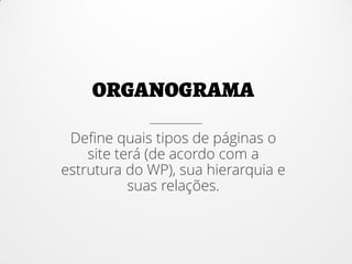 Define quais tipos de páginas o
site terá (de acordo com a
estrutura do WP), sua hierarquia e
suas relações.
 