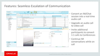 Copyright © 2014 Oracle and/or its affiliates. All rights reserved. | 
Features: Seamless Escalation of Communication 
•Convert an IM/Chat session into a real-time audio call 
•Upgrade an audio call to video call 
•Invite additional participants to convert 1:1 calls to Conferences 
•Continue IM conversations while on call  
