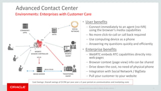 Copyright © 2014 Oracle and/or its affiliates. All rights reserved. | 
Advanced Contact Center 
•User benefits 
–Connect immediately to an agent (no IVR) using the browser’s media capabilities 
–No more click-to-call or call back required 
–Use computing device as a phone 
–Answering my questions quickly and efficiently 
•Enterprise benefits 
–WebRTC embeds RTC capabilities directly into web pages 
–Browser context (page view) info can be shared 
–Drive down the cost, no need of physical phone 
–Integration with Social Network / BigData 
–Pull your customer to your website 
6 
WEBRTC SESSION CONTROLLER 
SIP 
HTTP 
MEDIA STREAM 
JSR 309 
JDBC 
SOCIAL 
NETWOKS 
COMMERCE 
APPS 
TRADITIONAL 
AGENT 
MEDIA SERVER 
WEBRTC 
AGENT 
DATA 
Cost Savings: Overall savings of $17M per year over a 5 year period on communication and marketing costs 
Environments: Enterprises with Customer Care  
