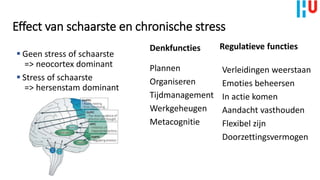Effect van schaarste en chronische stress
Verleidingen weerstaan
Emoties beheersen
In actie komen
Aandacht vasthouden
Flexibel zijn
Doorzettingsvermogen
Denkfuncties
Plannen
Organiseren
Tijdmanagement
Werkgeheugen
Metacognitie
Regulatieve functies
 Geen stress of schaarste
=> neocortex dominant
 Stress of schaarste
=> hersenstam dominant
 