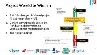 Project Wereld te Winnen
a. RAAK Publiek gesubsidieerd project
(vraag van professional)
b. Gericht op verbeterde eerstelijns
(juridische) dienstverlening
voor cliënt met multiproblematiek
c. Twee jarige looptijd
 