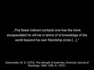 „The fewer indirect contacts one has the more
encapsulated he will be in terms of of knowledge of the
world beyond his own friendship circle […].“
Granovetter, M. S. (1973). The strength of weak ties. American Journal of
Sociology, 1360–1380, S. 1370 f.
 