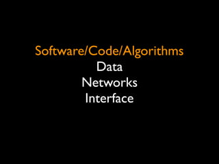 Software/Code/Algorithms
Data
Networks
Interface
 