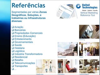 Referências
Segmentadas por várias Zonas
Geográficas, Soluções, e
Indústrias ou Infraestruturas
diversas:

 Aviação
 Bancárias
 Propriedades Comerciais
 Ensino (Educação)
 Entretenimento
 Governamentais
 Saúde
 Hotelaria
 Logística
 Indústria Transformadora
 Residencial
 Retalho
 Telecomunicações
 Transportes
…
 