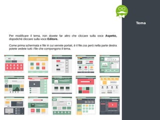 Tema
Per modificare il tema, non dovete far altro che cliccare sulla voce Aspetto,
dopodiché cliccare sulla voce Editore.
Come prima schermata e file in cui verrete portati, è il file.css però nella parte destra
potete vedete tutti i file che compongono il tema.
 