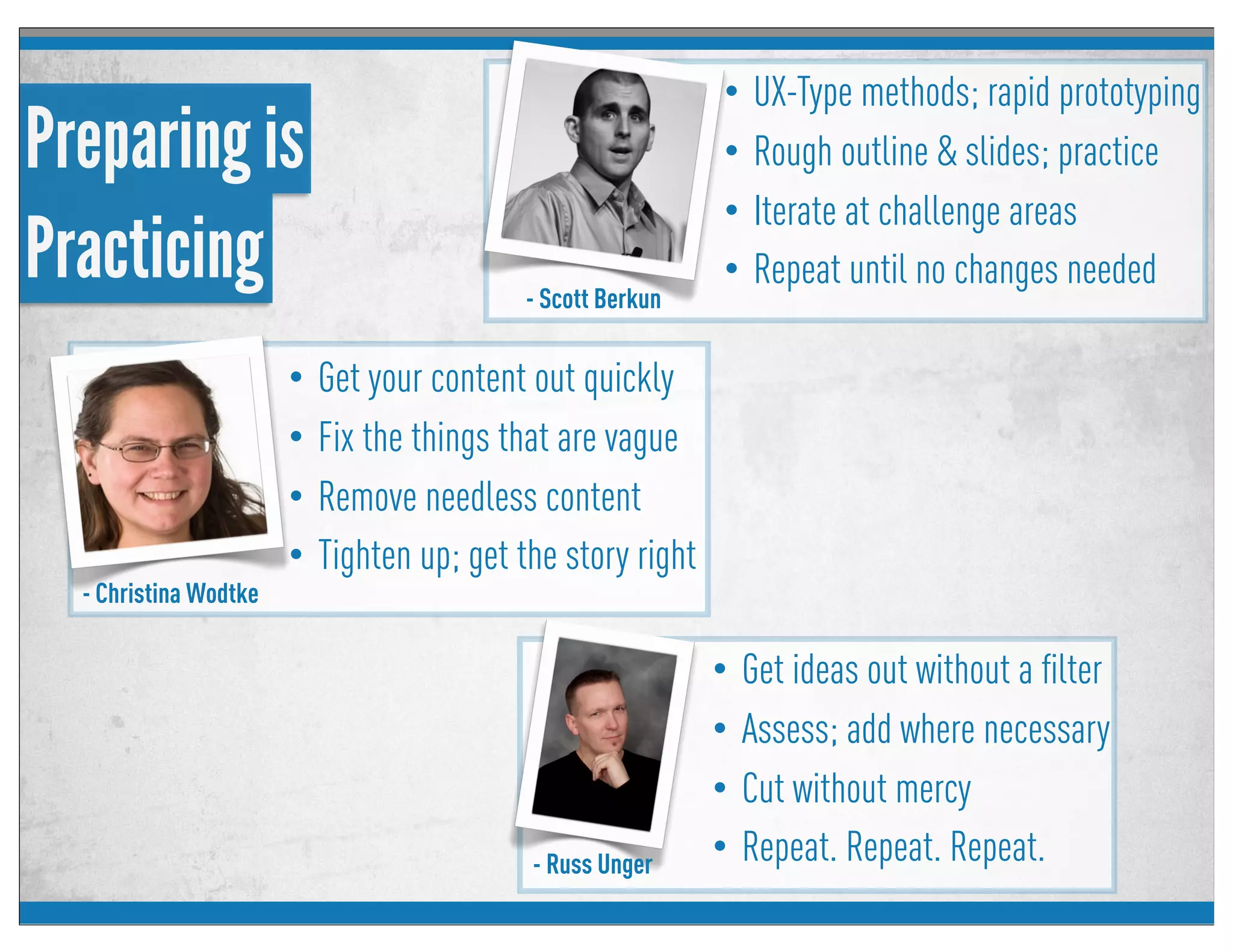 Preparing is
• UX-Type methods; rapid prototyping
• Rough outline & slides; practice
• Iterate at challenge areas
• Repeat until no changes needed
- Scott Berkun
- Christina Wodtke
• Get your content out quickly
• Fix the things that are vague
• Remove needless content
• Tighten up; get the story right
• Get ideas out without a ﬁlter
• Assess; add where necessary
• Cut without mercy
• Repeat. Repeat. Repeat.- Russ Unger
Practicing
 