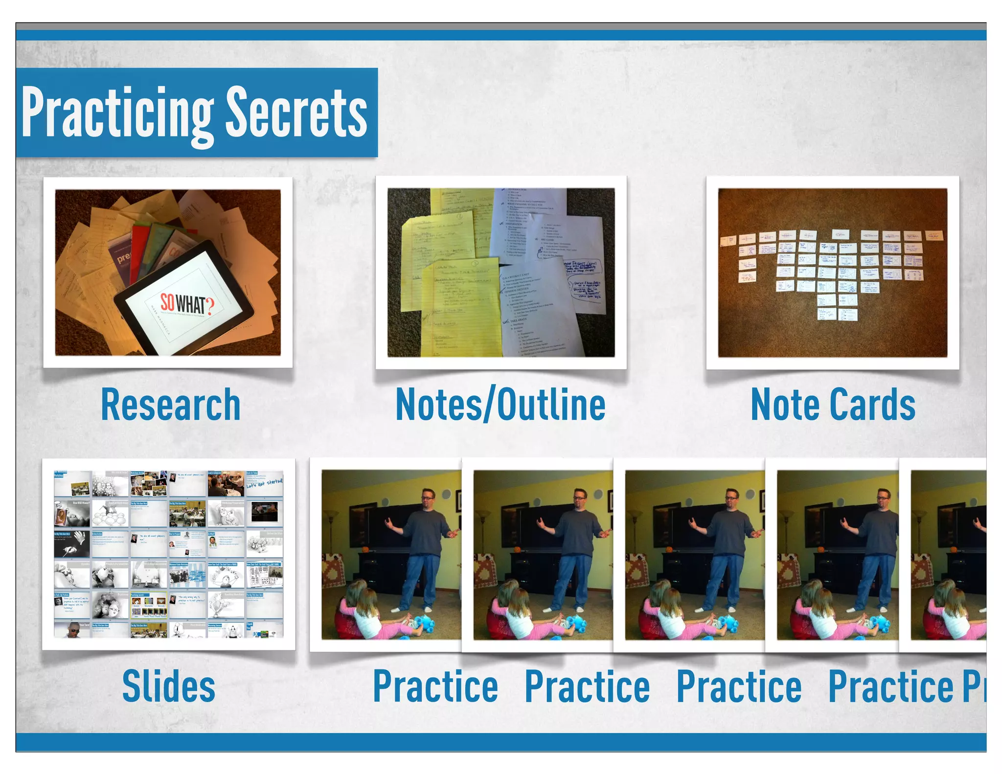 Practicing Secrets
Note CardsResearch Notes/Outline
PracticeSlides Practice Practice PracticePra
 