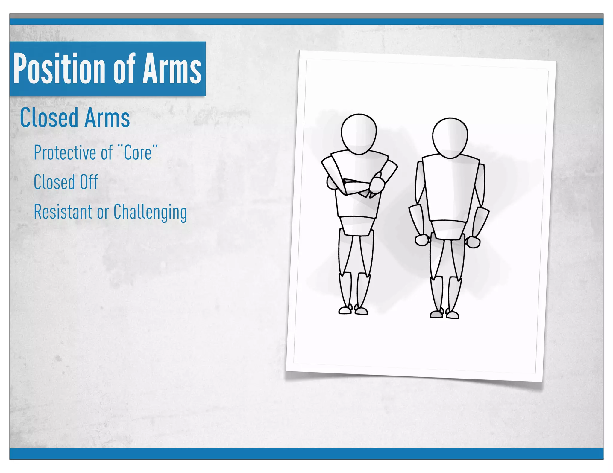Position of Arms
Closed Arms
Protective of “Core”
Closed Off
Resistant or Challenging
 