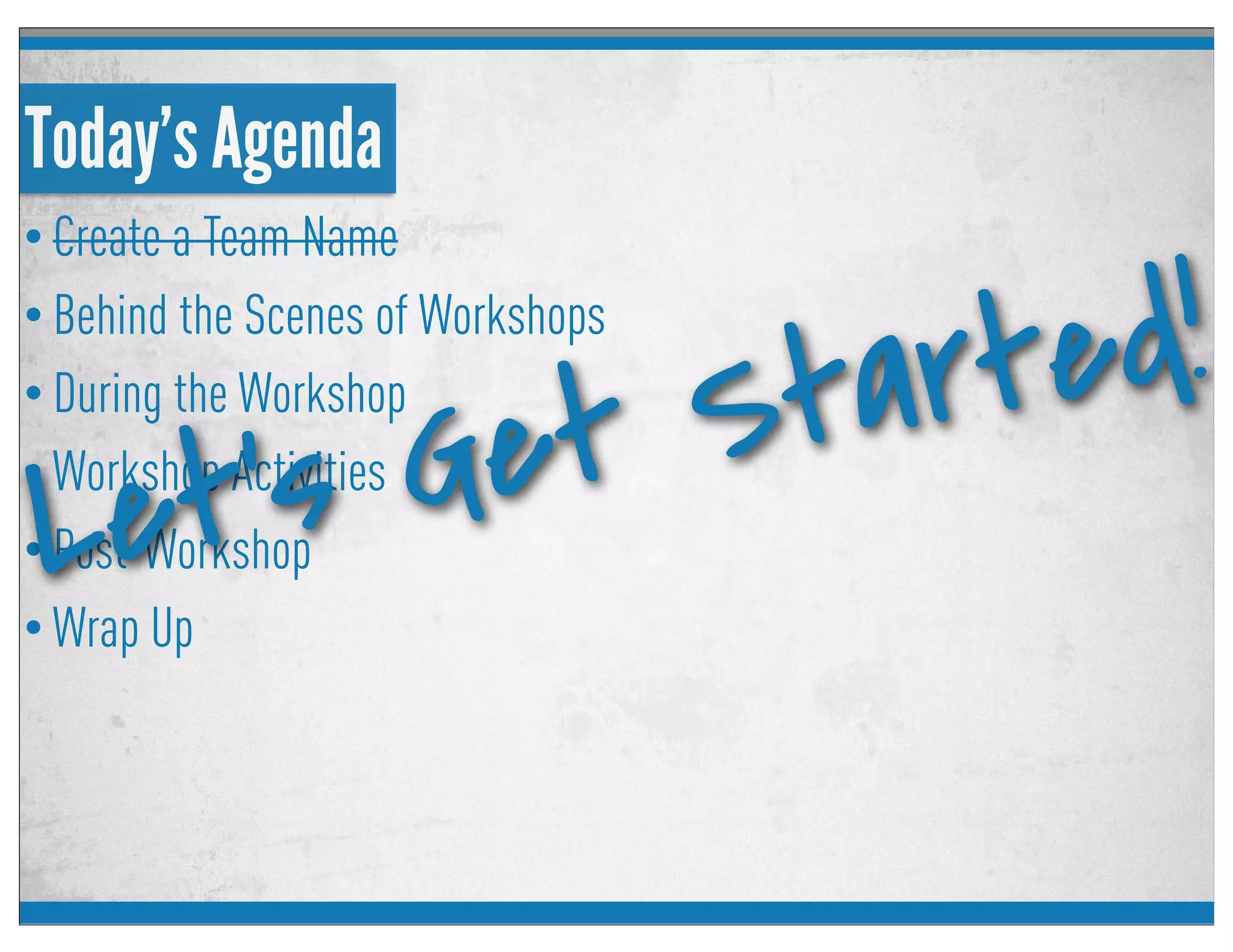 Today’s Agenda
• Create a Team Name
• Behind the Scenes of Workshops
• During the Workshop
• Workshop Activities
• Post-Workshop
• Wrap Up
Let’s Get Started!
 
