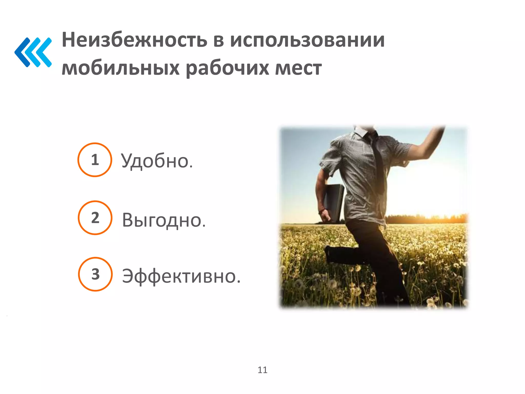 Неизбежность в использовании
мобильных рабочих мест
11
1 Удобно.
2 Выгодно.
3 Эффективно.
 