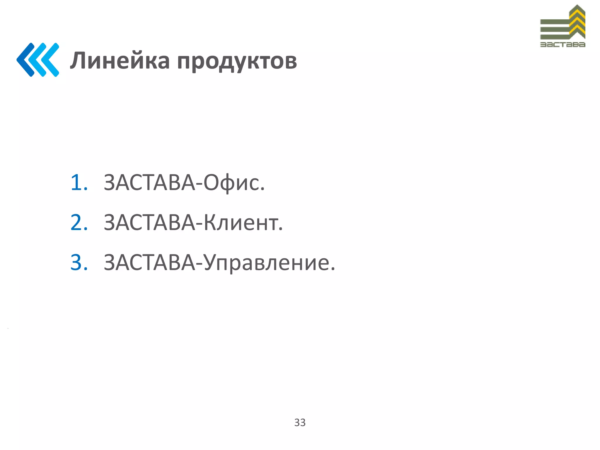Линейка продуктов
1. ЗАСТАВА-Офис.
2. ЗАСТАВА-Клиент.
3. ЗАСТАВА-Управление.
33
 