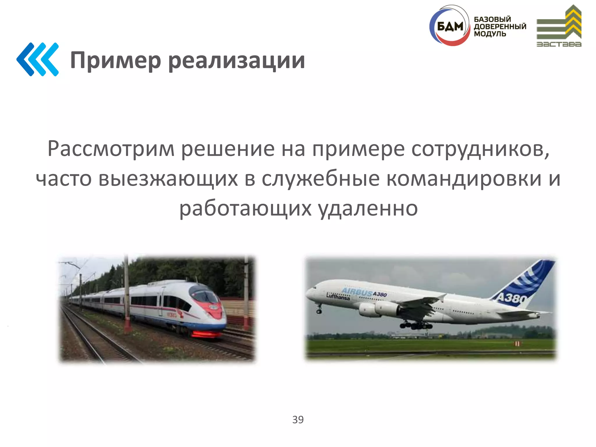 Пример реализации
39
Рассмотрим решение на примере сотрудников,
часто выезжающих в служебные командировки и
работающих удаленно
 