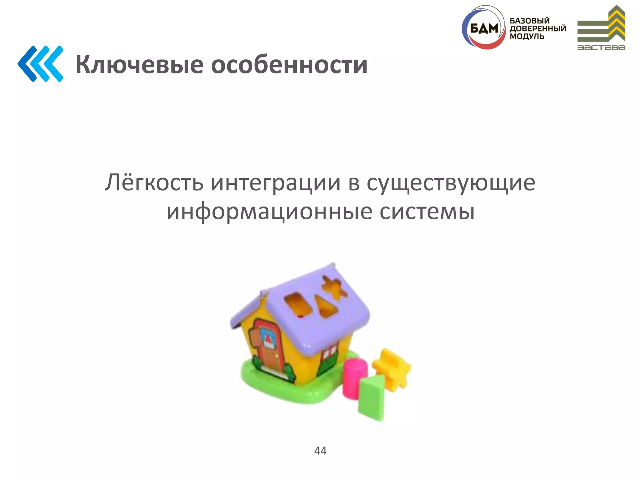 Ключевые особенности
Лёгкость интеграции в существующие
информационные системы
44
 