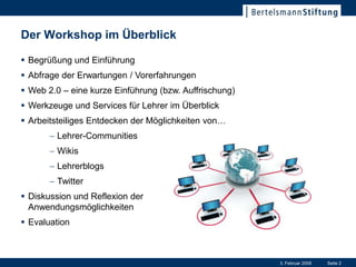 Der Workshop im Überblick

 Begrüßung und Einführung
 Abfrage der Erwartungen / Vorerfahrungen
 Web 2.0 – eine kurze Einführung (bzw. Auffrischung)
 Werkzeuge und Services für Lehrer im Überblick
 Arbeitsteiliges Entdecken der Möglichkeiten von…
         Lehrer-Communities
         Wikis
         Lehrerblogs
         Twitter
 Diskussion und Reflexion der
  Anwendungsmöglichkeiten
 Evaluation



                                                        3. Februar 2009   Seite 2
 