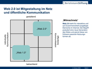 Web 2.0 ist Mitgestaltung im Netz
und öffentliche Kommunikation
                             gestaltend
                                                                      „Mitmachnetz“
                                                                      Web 2.0 steht für interaktive und
                                                                      auf Zusammenarbeit ausgelegte
                                                                      Elemente im Internet. Der Begriff
                                          „Web 2.0“                   postuliert eine neue Generation
                                                                      des Webs und grenzt diese von
Kommunikation




                                                      Kommunikation
                                                                      früheren passiven Nutzungs-
  individuelle




                                                        öffentliche
                                                                      formen ab.




                 „Web 1.0“



                             betrachtend
                                                                                  3. Februar 2009   Seite 8
 