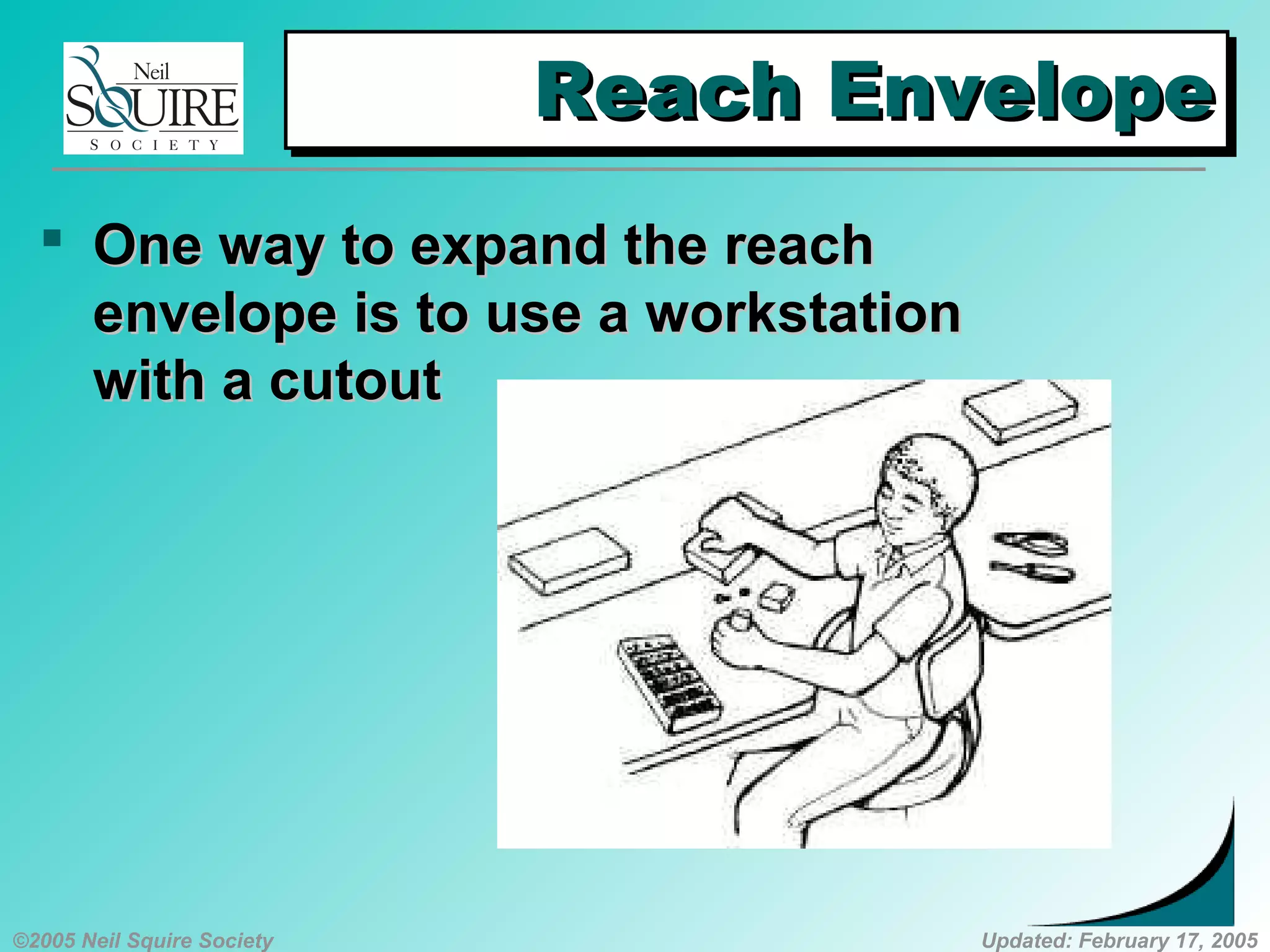 ©2005 Neil Squire Society Updated: February 17, 2005
Reach EnvelopeReach EnvelopeReach EnvelopeReach Envelope
 OneOne way to expand the reachway to expand the reach
envelope is to use a workstationenvelope is to use a workstation
with a cutoutwith a cutout
 