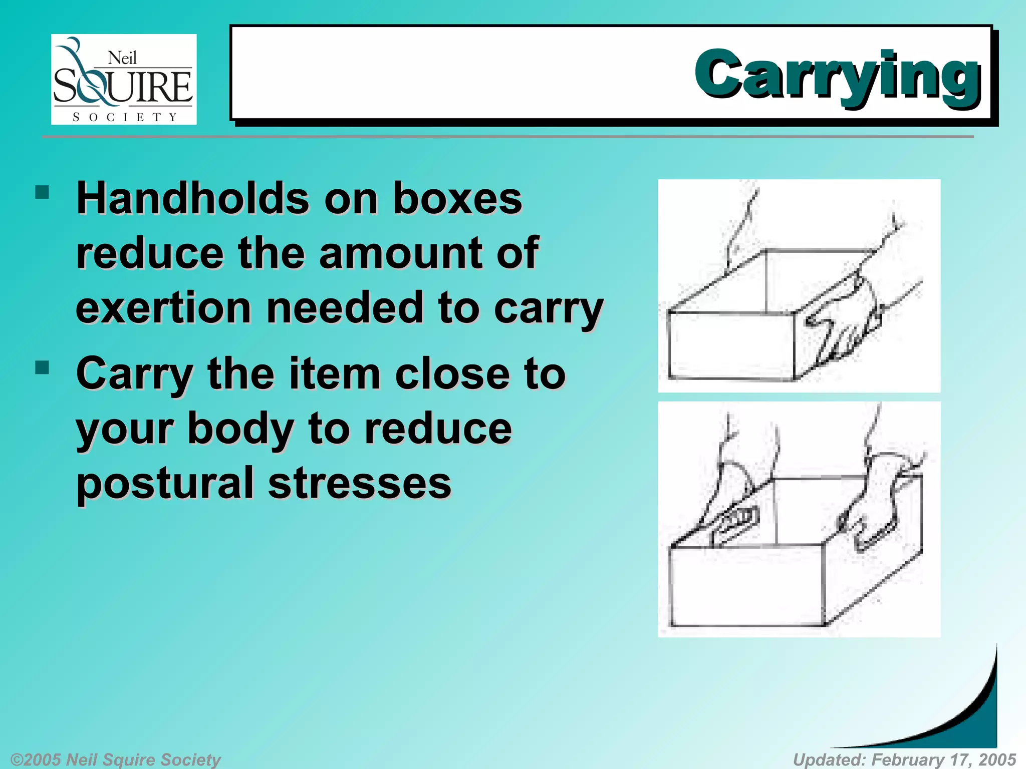 ©2005 Neil Squire Society Updated: February 17, 2005
CarryingCarryingCarryingCarrying
 HandholdsHandholds on boxeson boxes
reduce the amount ofreduce the amount of
exertion needed to carryexertion needed to carry
 CarryCarry the item close tothe item close to
your body to reduceyour body to reduce
postural stressespostural stresses
 