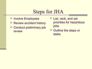 Steps for JHA
 Involve Employees          List, rank, and set
 Review accident history     priorities for hazardous
 Conduct preliminary job     jobs
  review                     Outline the steps or
                              tasks
 