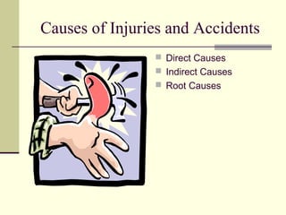 Causes of Injuries and Accidents
                 Direct Causes
                 Indirect Causes
                 Root Causes
 